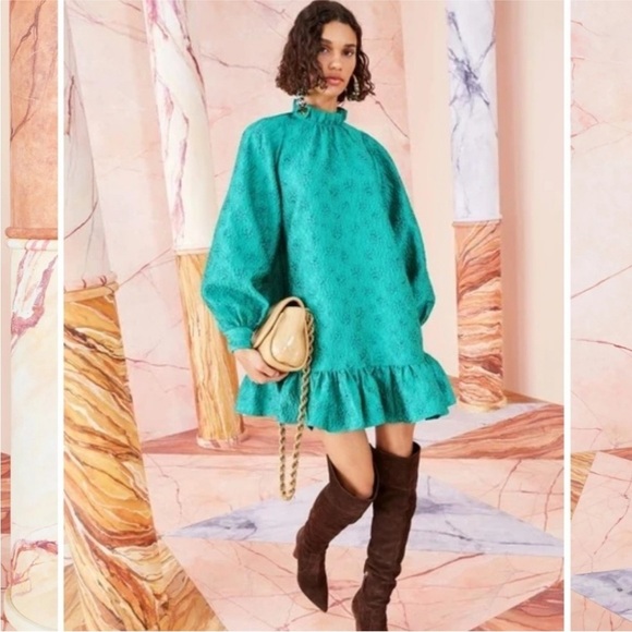 Ulla Johnson Emilia Dress in Turquoise Size 0 Textured Mock‎ Neck Mini Dress - Picture 13 of 15
